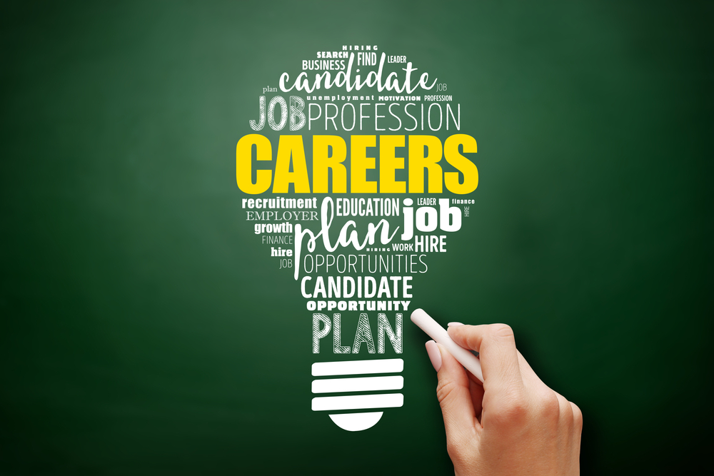 Lightbulb graphic made of career and job planning words.