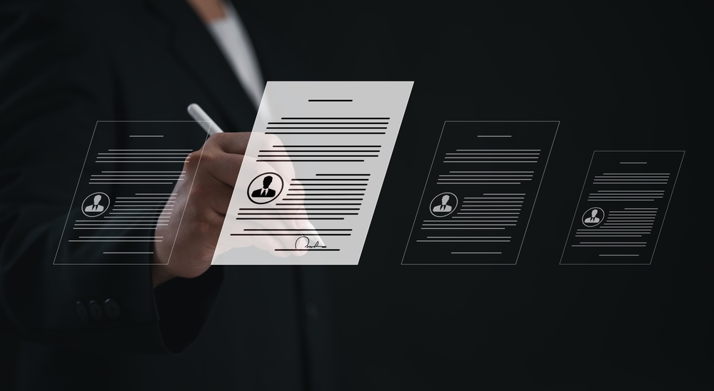Professional reviewing and signing digital CV documents on a virtual interface.